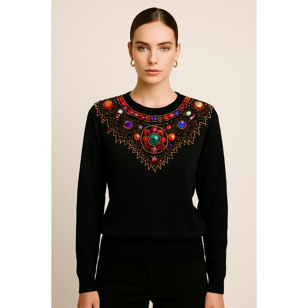 Vintage 1990s Lindsey Blake embellish gems sequins bib style Black sweater women